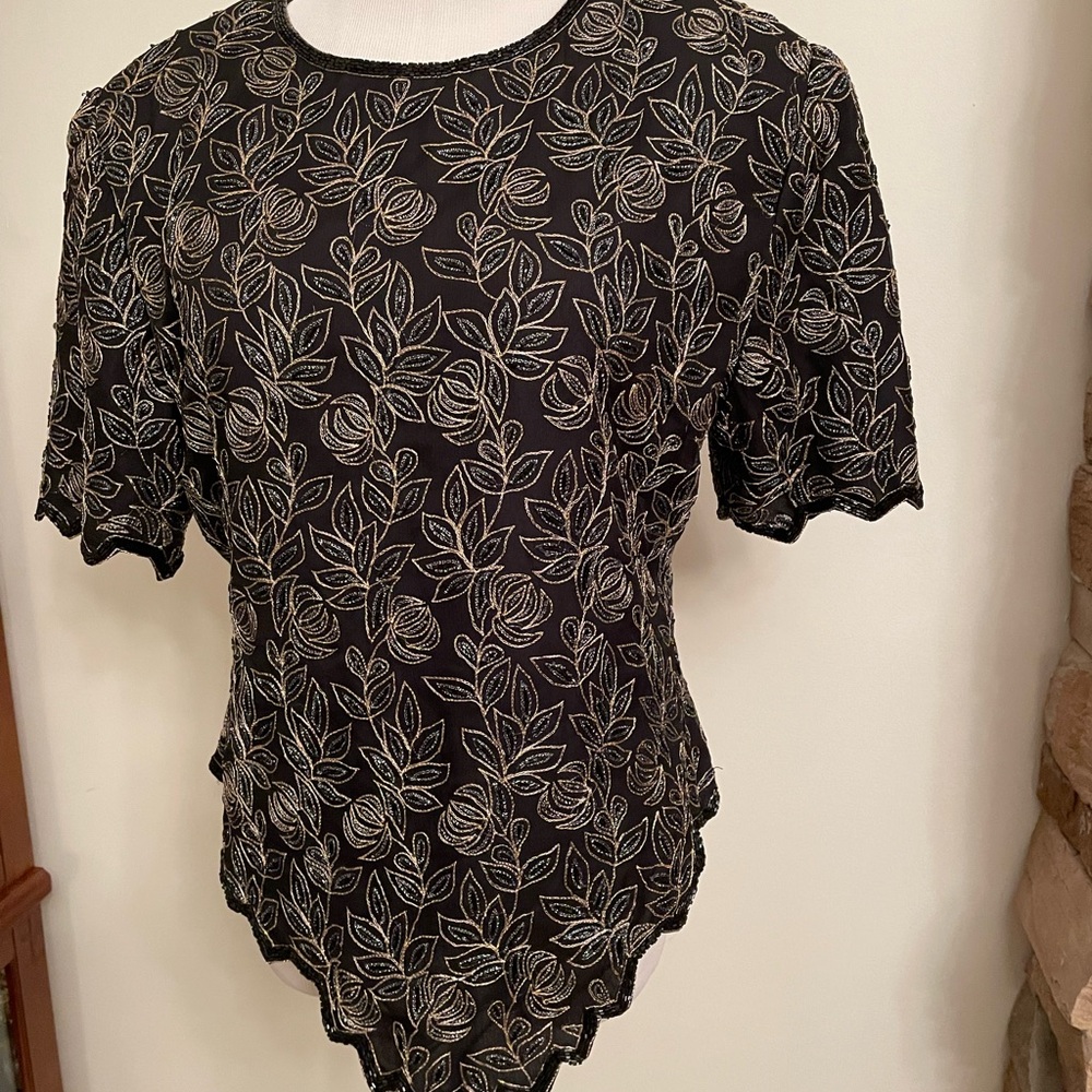 Two evening handmade gold and black design silk top / blouse in size L and XL.